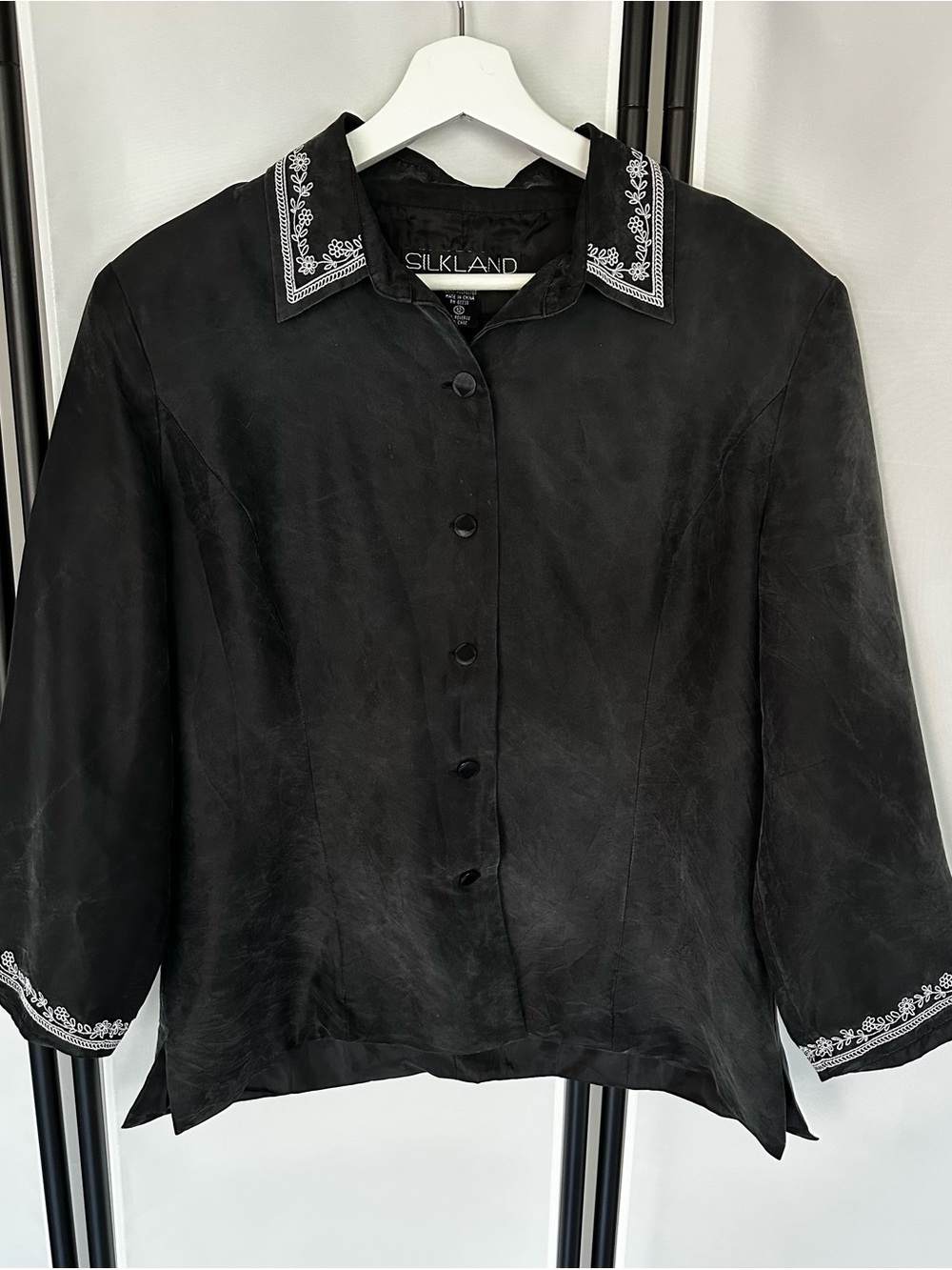 Silkland Women’s 100% Silk Embroidered Blouse Jacket Black White Size 12
